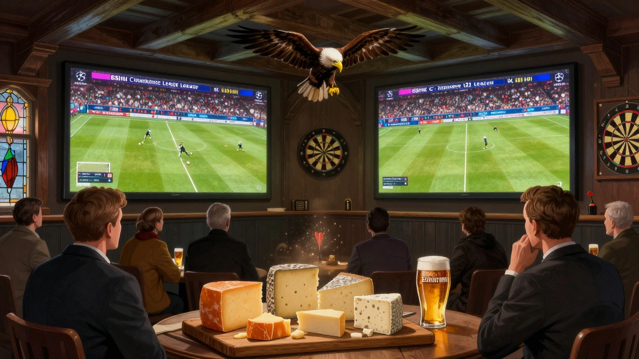 Elegant historic pub with giant screens showing a tense football moment, cheese board and ale beside patrons.
