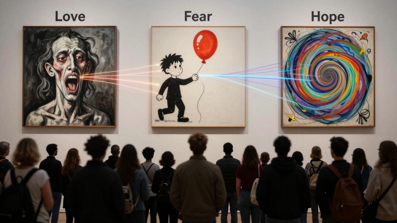 Emotional connections between art pieces float above a diverse crowd in Tate Modern, represented by glowing threads of color in a hushed gallery.