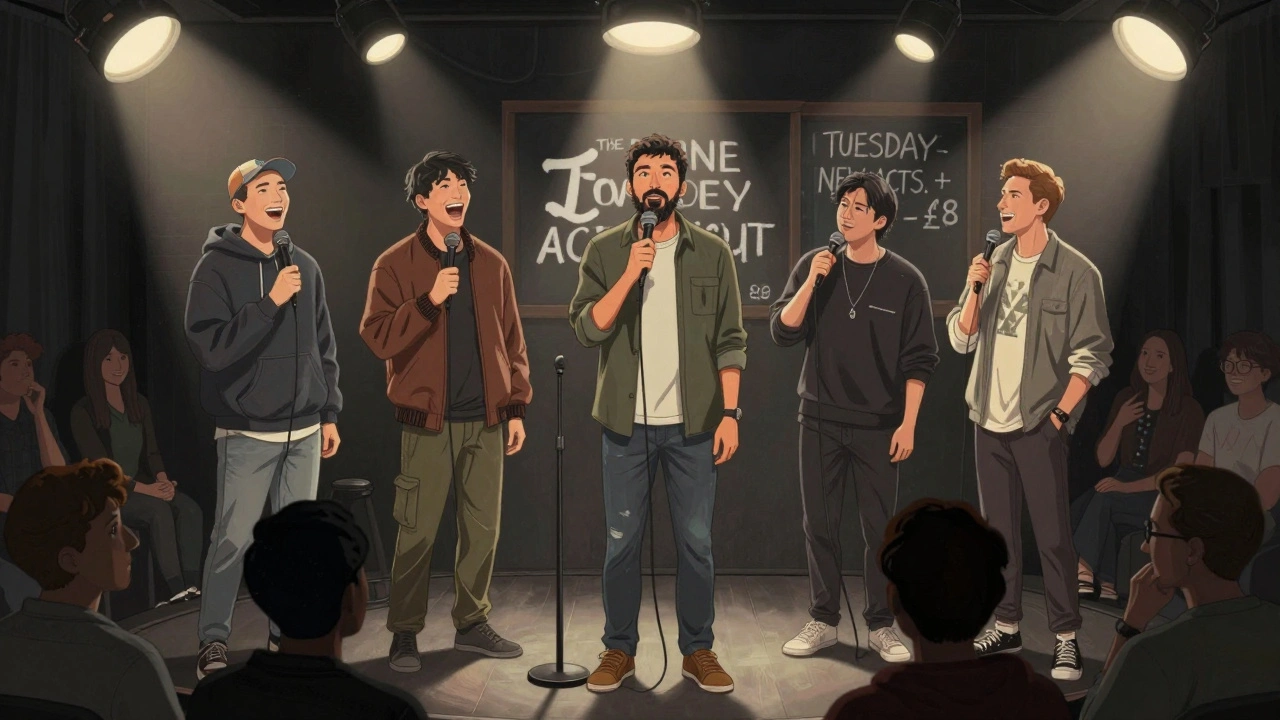 Five emerging comedians performing on a small stage under bright lights.