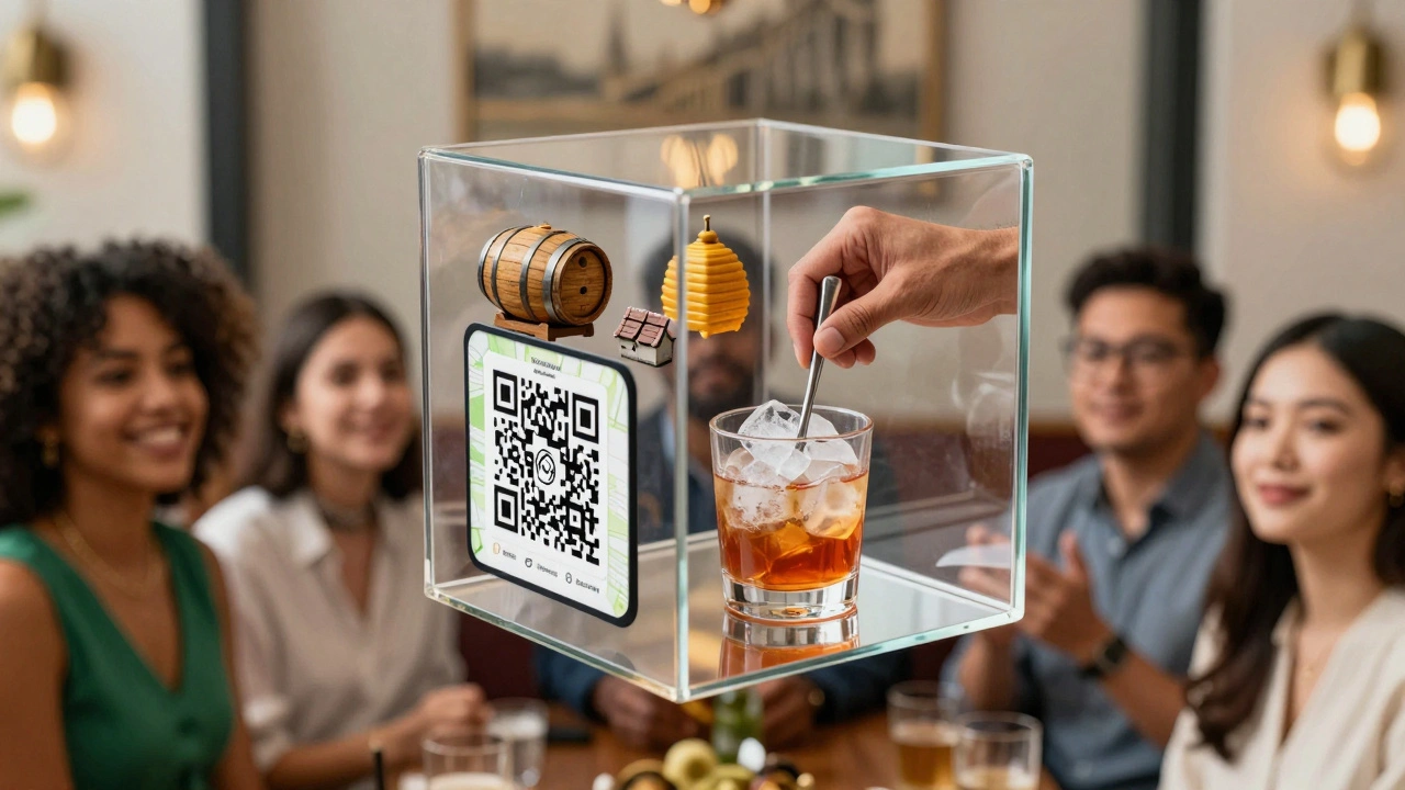 Floating glass cube containing symbols of London’s sustainable, tech-integrated cocktail revolution.