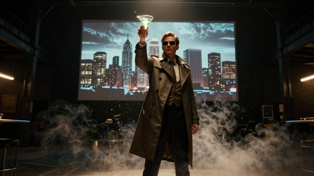 Guest in trench coat holding a glowing cocktail at Secret Cinema&#039;s Bond event, fog and screen glow around them.