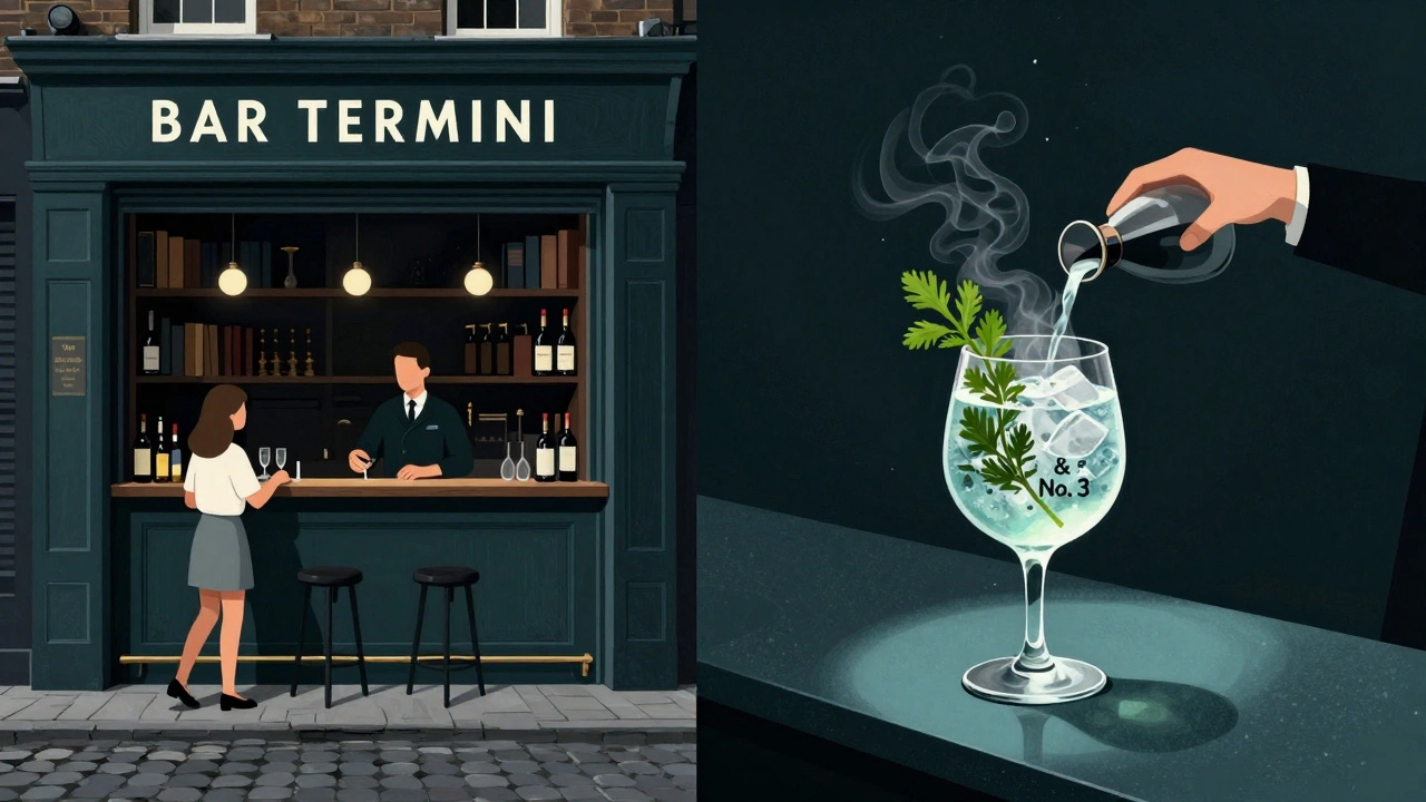 Hidden Shoreditch bar serving a gin and tonic with fog vapor curling around the glass, ingredients floating in air.