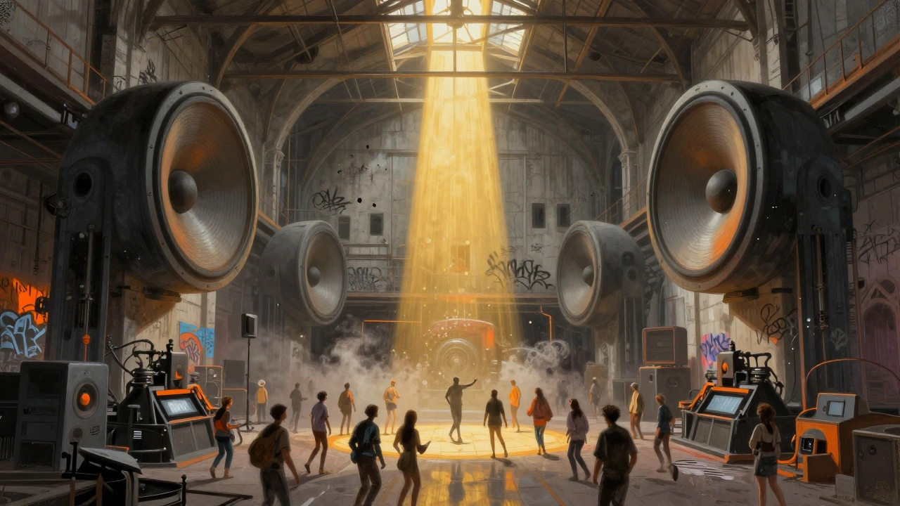 Industrial club space Printworks filled with dancers under massive speakers and golden light shafts.