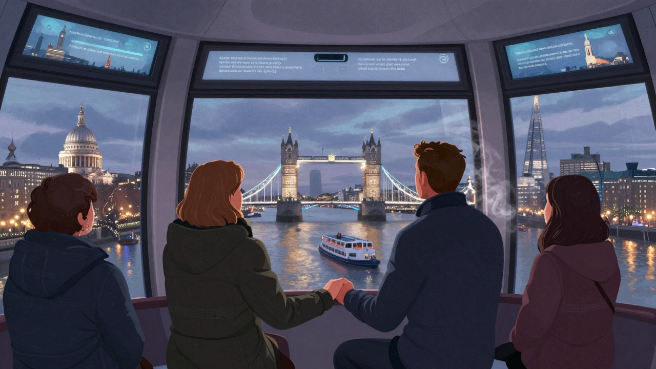 Inside the London Eye capsule, passengers view London landmarks through large windows during winter.