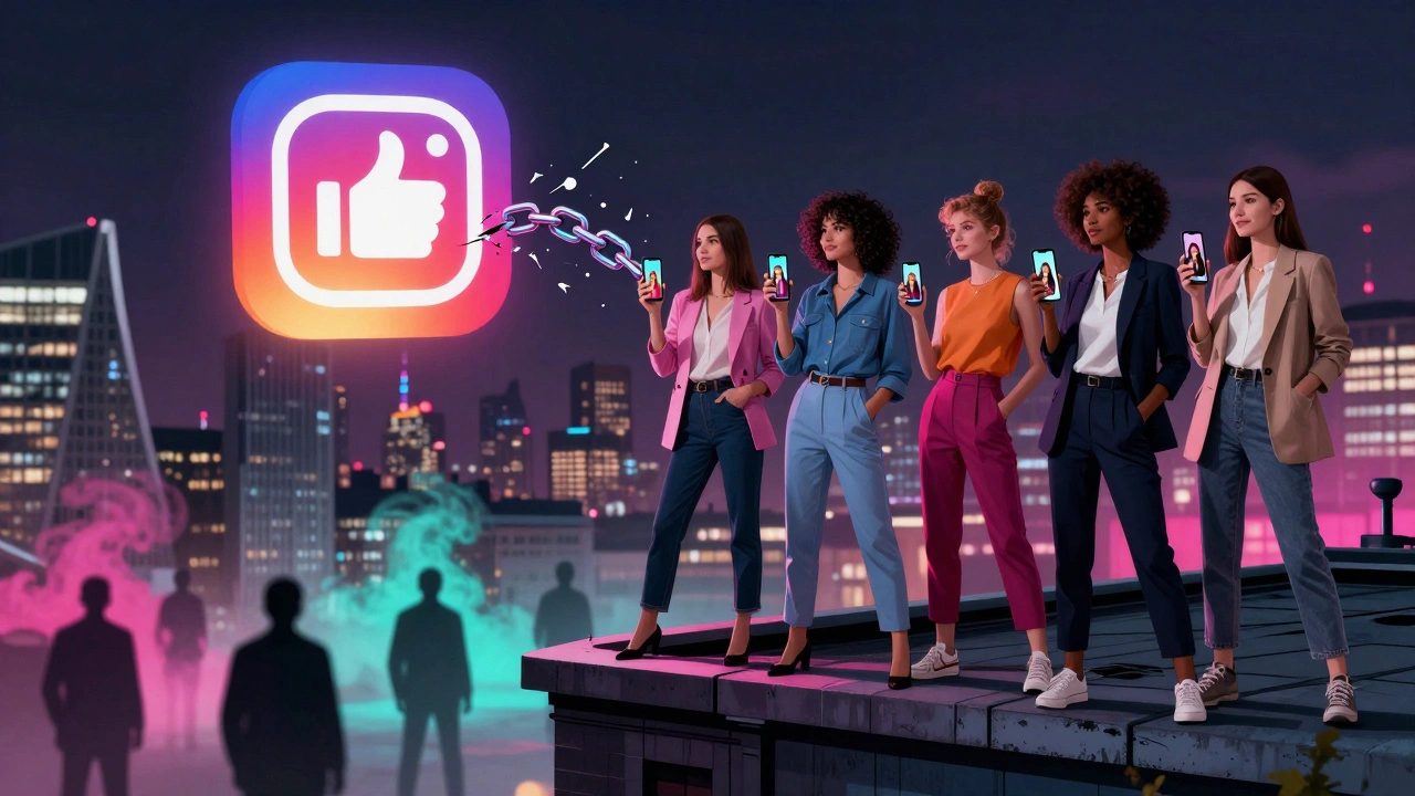 Instagram icon breaking chains above London, independent women on rooftops, digital revolution theme.