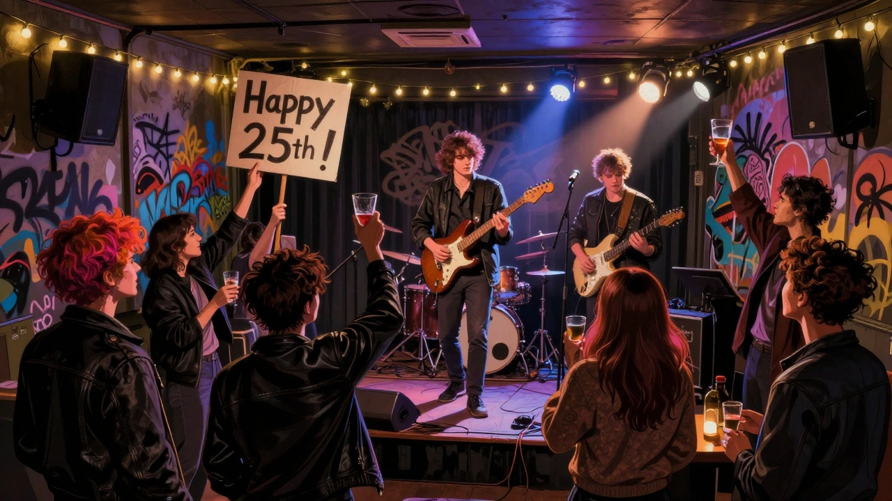 Intimate indie gig at The Windmill with friends celebrating a birthday under string lights.