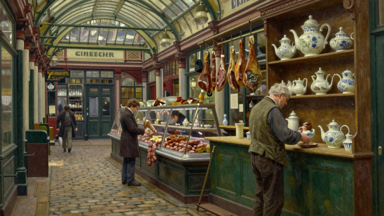 Leadenhall Market's historic interior with butcher counter, porcelain tea caddies, and soft daylight through a glass roof.