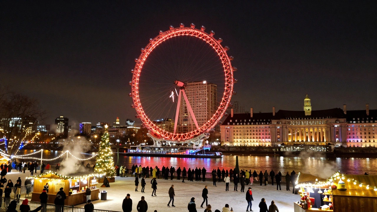 London Eye lit in festive red and gold lights during Christmas, with a winter market below on the South Bank.