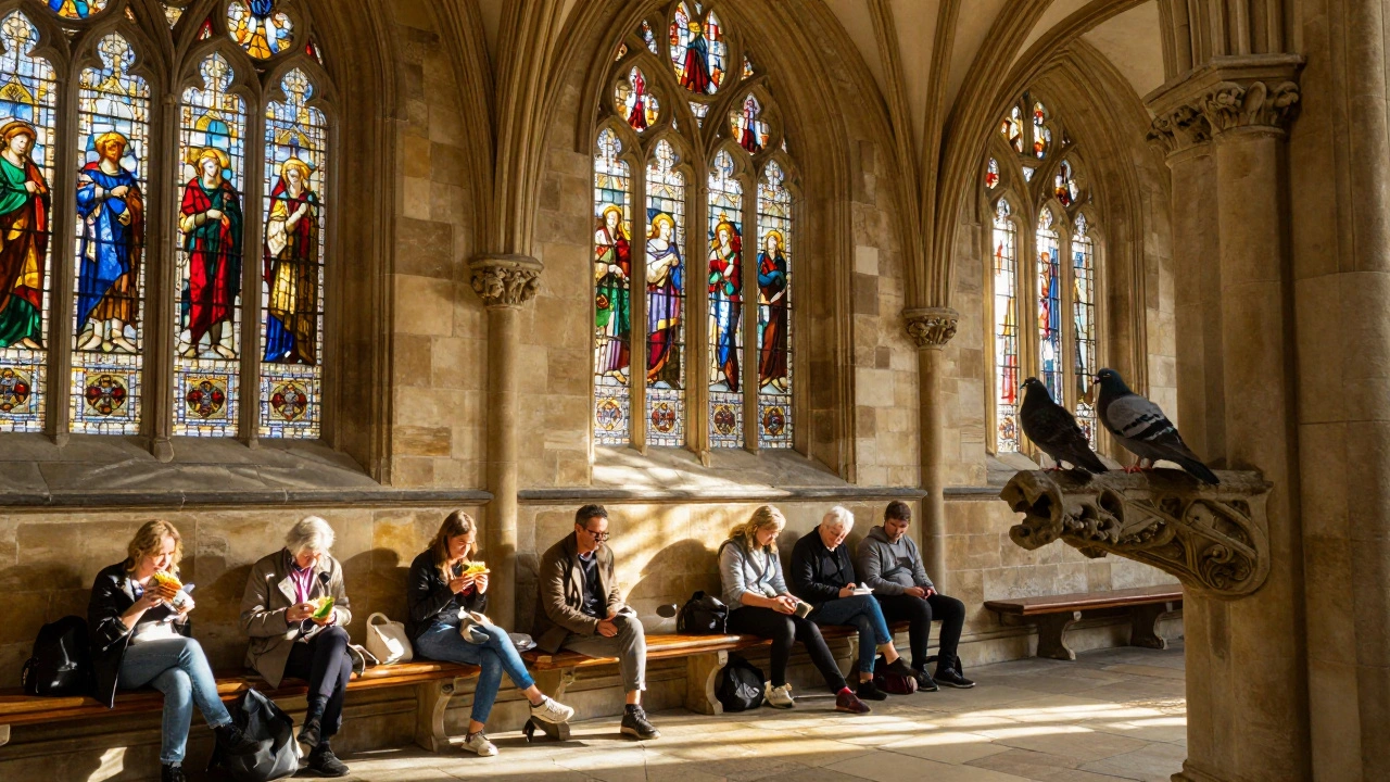 Medieval church interior with stained glass casting colored light on modern visitors eating lunch.