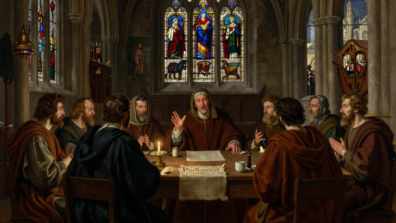 Medieval figures in Westminster Abbey's chapter house debating the first Parliament.