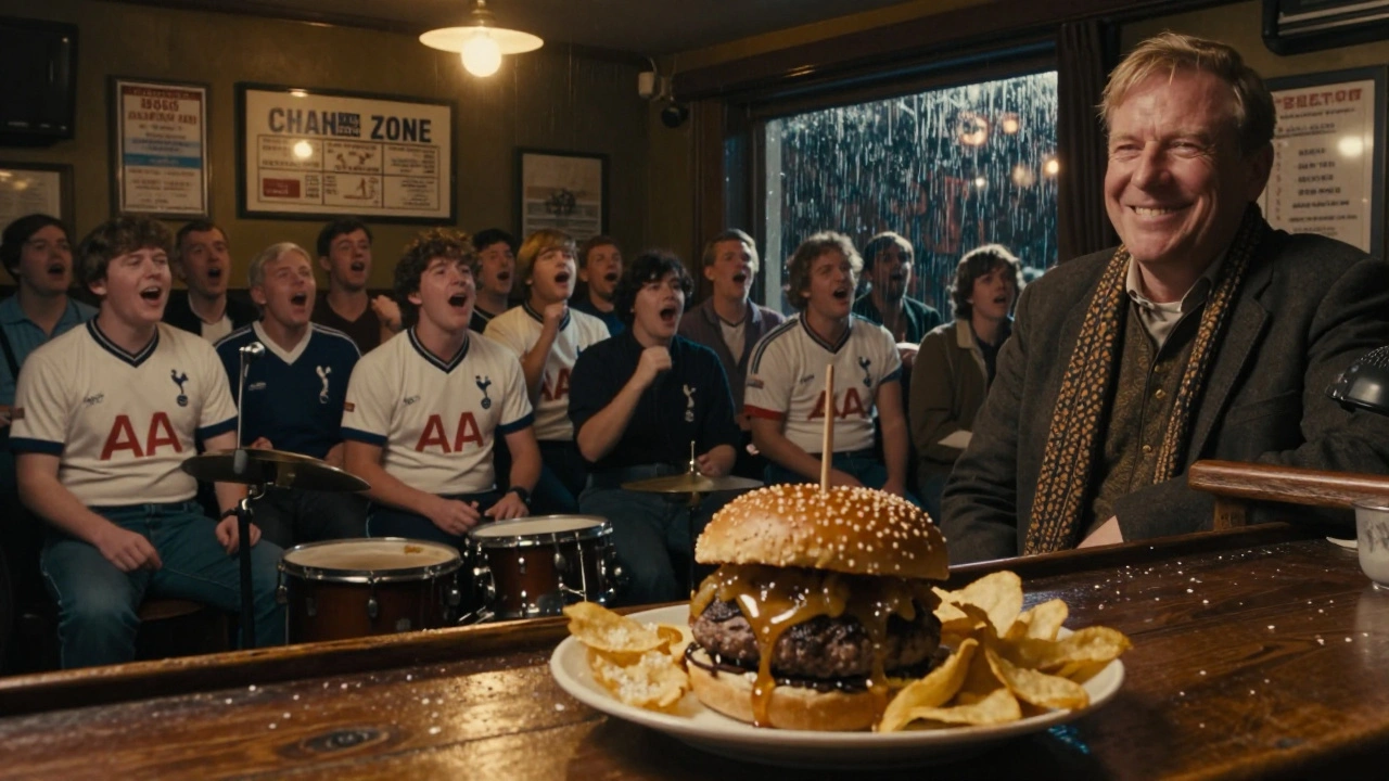 Passionate fans chanting in a dimly lit back room, burger and chips on table, owner in scarf smiling.