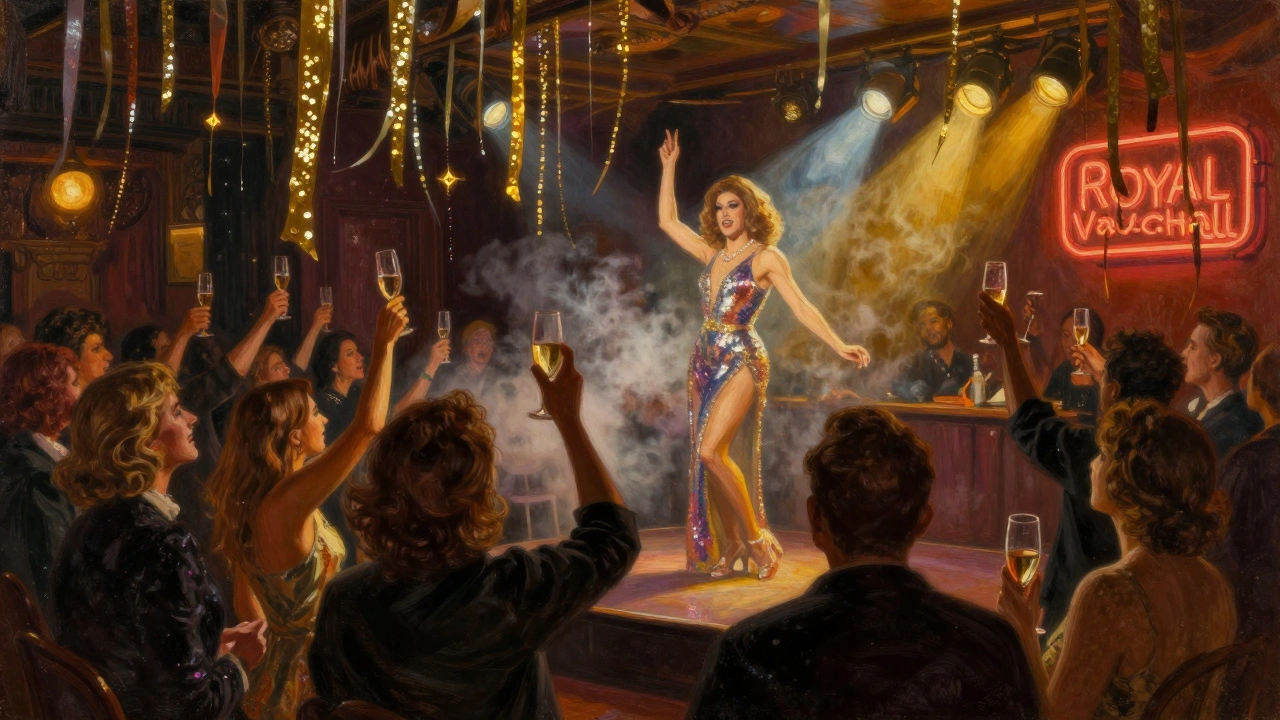 People cheering at a vibrant LGBTQ+ New Year's Eve party inside The Royal Vauxhall Tavern, with a drag performer on stage.