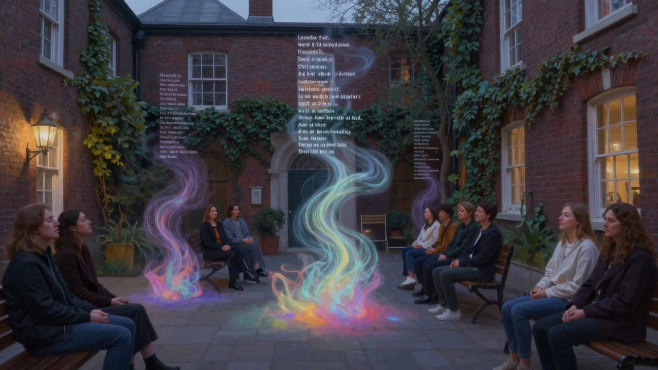 People in Whitechapel Gallery's courtyard experiencing a sensory art installation with mist and poetry.