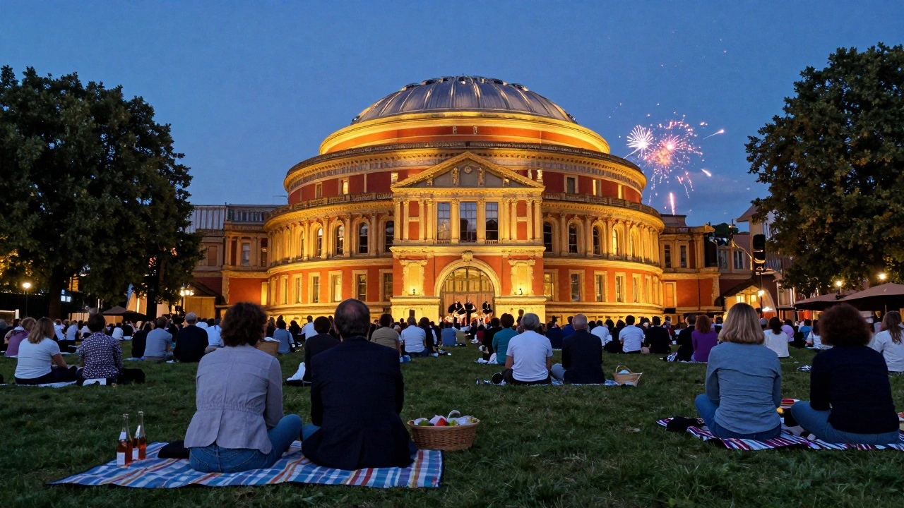 People picnicking on the lawn at Royal Albert Hall under stars during a live orchestral concert.
