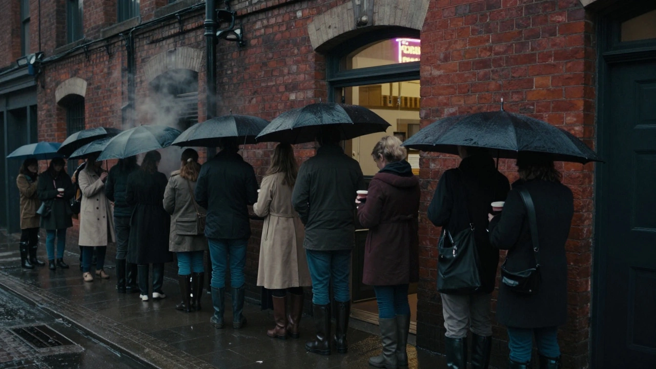 People queue outside Fabric nightclub in the rain, wearing layers and wellies under flickering streetlights.