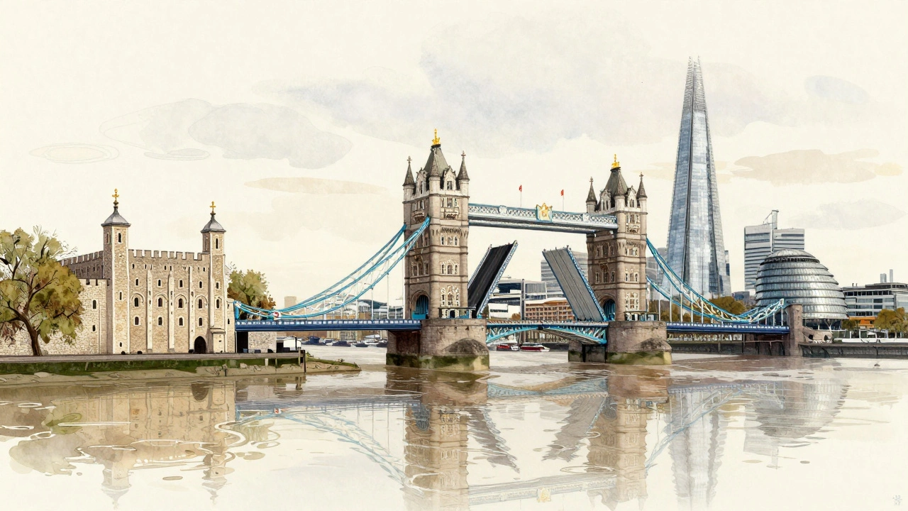 River Thames view showing Tower of London, Tower Bridge, and The Shard in a watercolor-style timeline.