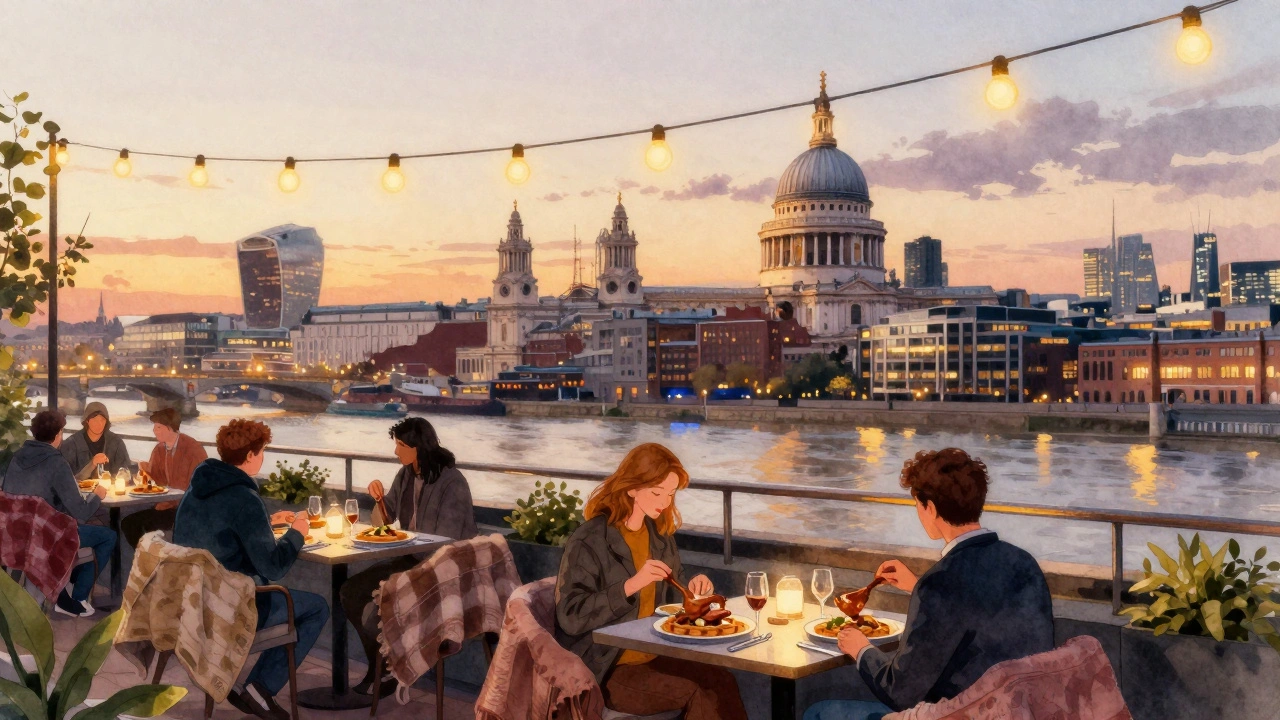 Rooftop terrace at The Duck &amp; Waffle at sunset with diners wrapped in blankets overlooking St. Paul’s and the Thames.