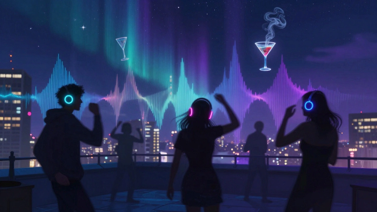 Silent disco party on a rooftop in Shoreditch at night, dancers in silhouette under stars with glowing headphones.