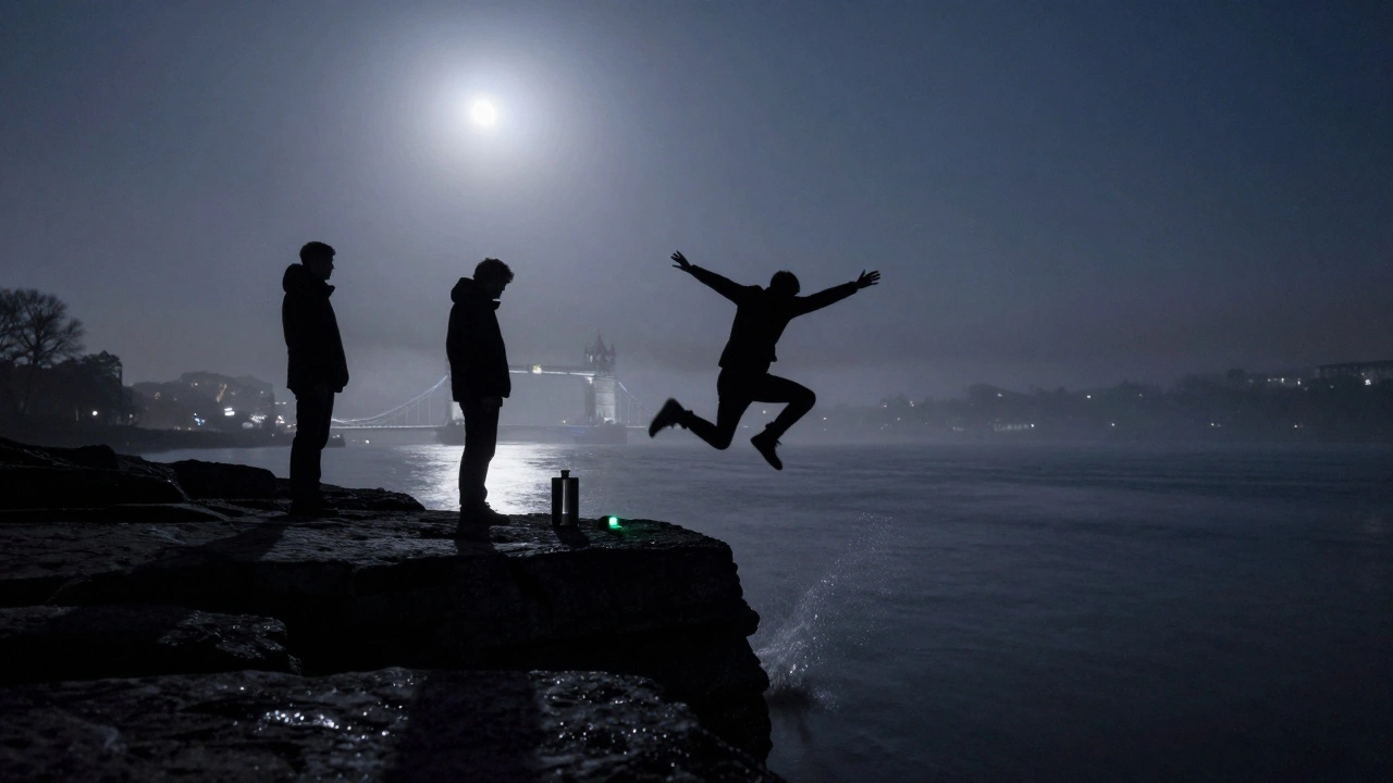 Silhouettes at midnight on a cliff edge above the Thames Estuary, one person jumping into dark water.