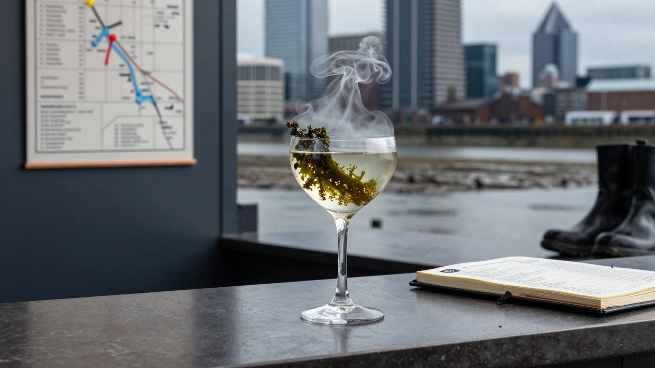 Smoky Thames Tide cocktail with seaweed syrup and tide chart visible, mist rising from the glass in Canary Wharf.