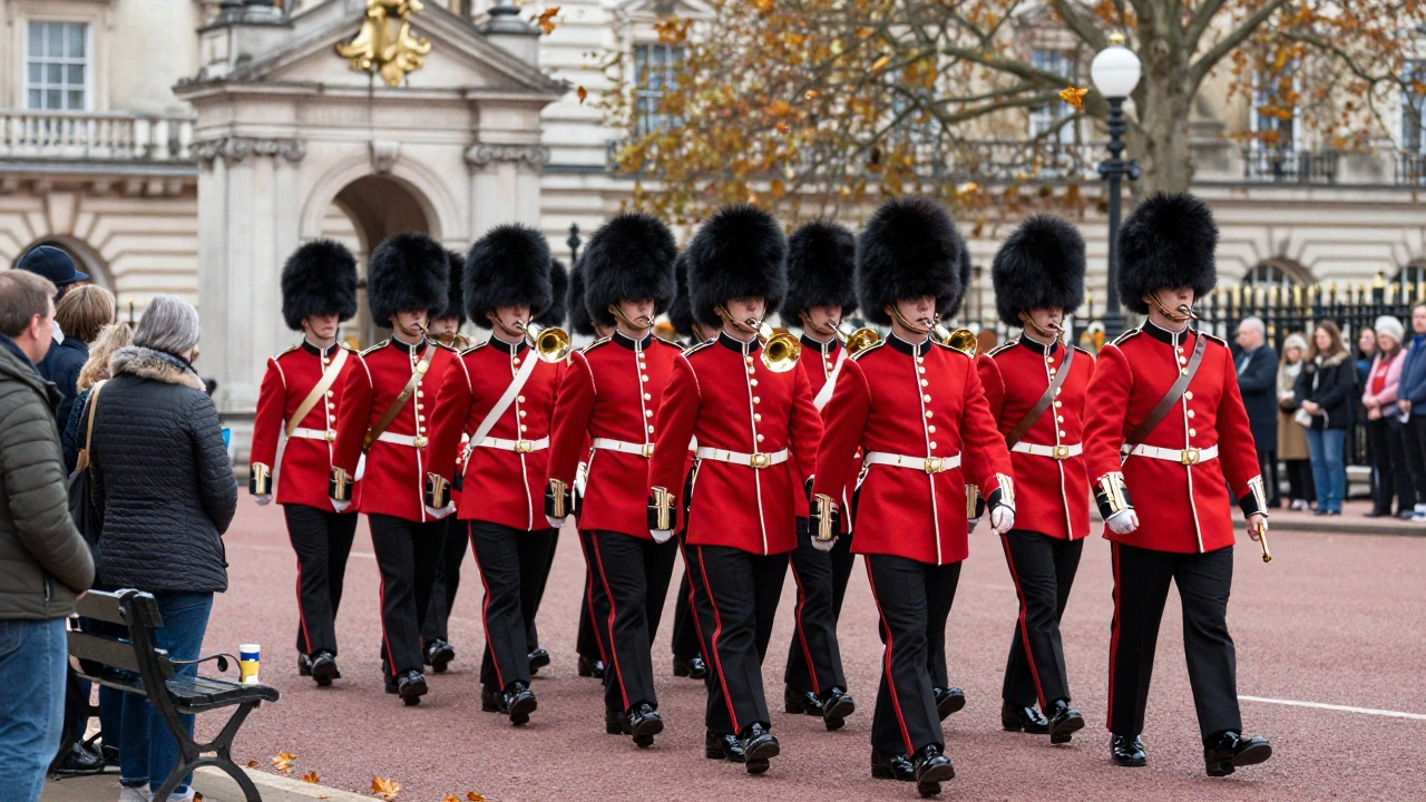 Soldiers in bearskin hats march in perfect step during the Changing of the Guard ceremony.