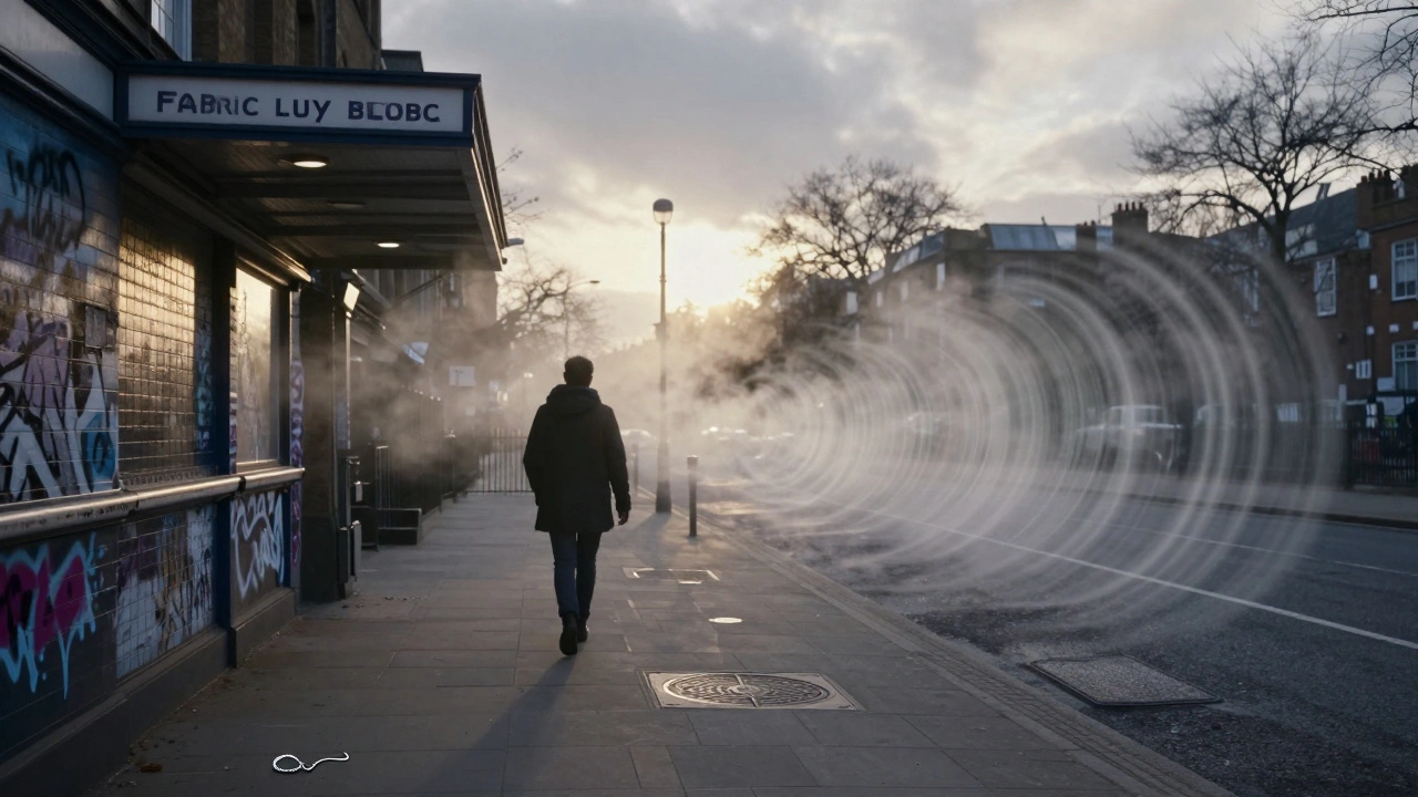 Solo figure walking away from Fabric at dawn, sonic ripples fading into the quiet city.