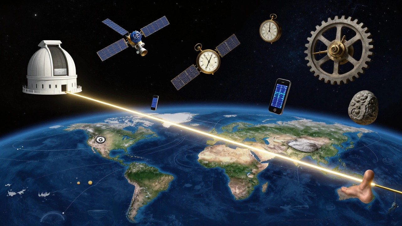The Prime Meridian line glowing through space, connecting time, trade, and technology.