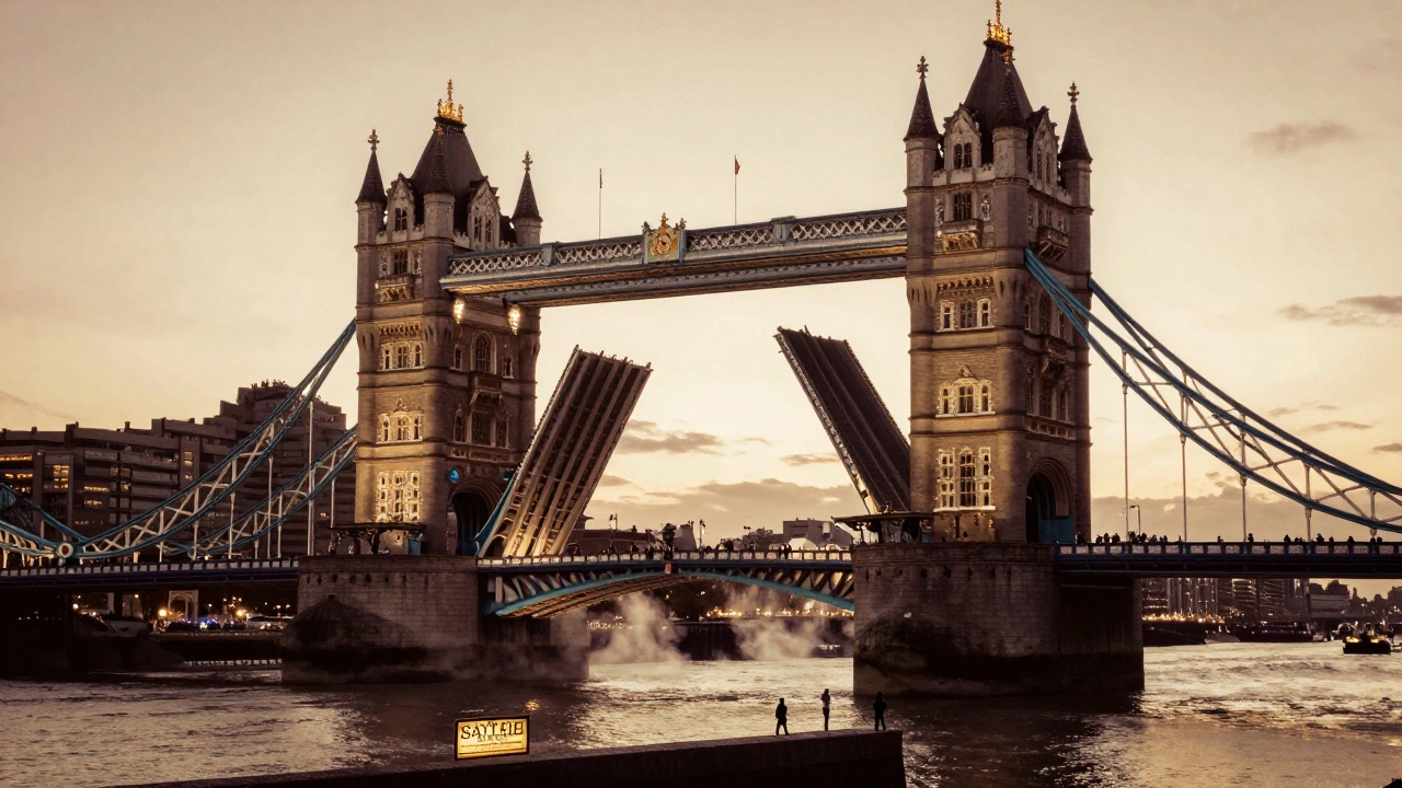 Tower Bridge with raised bascules at sunset, Victorian details visible against glowing city lights.