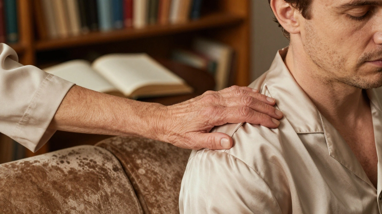Two hands in quiet connection — a woman massaging a man&#039;s shoulder in soft golden light, no faces visible.