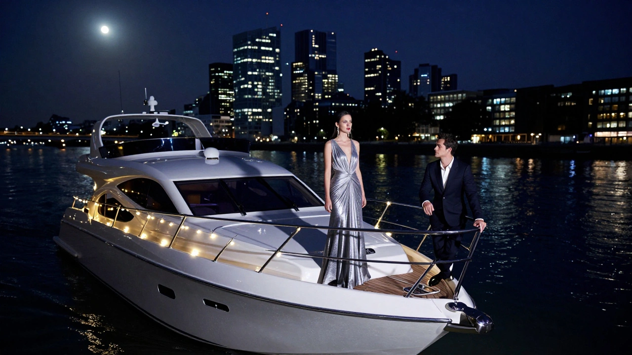 A couple on a private yacht at night along the Thames, illuminated by moonlight and soft string lights, gazing at the city skyline.