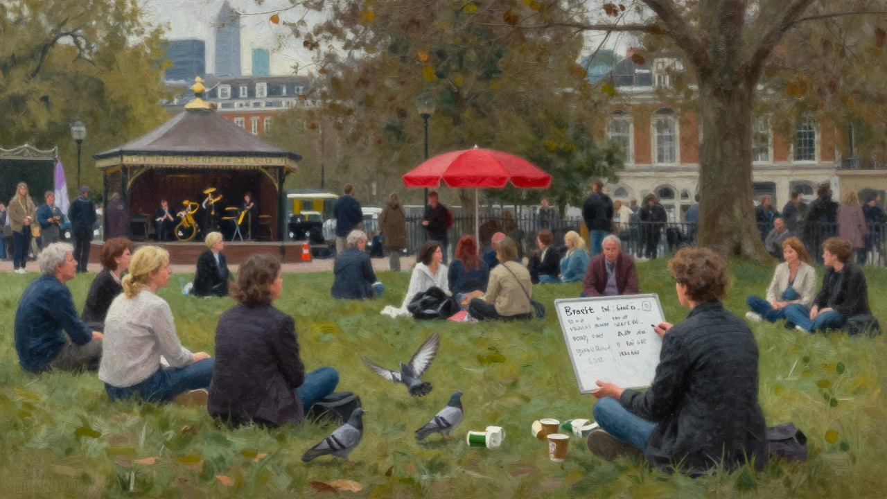 A crowd listening to a speaker at Hyde Park's Speakers' Corner, pigeons nearby, jazz band in distance.