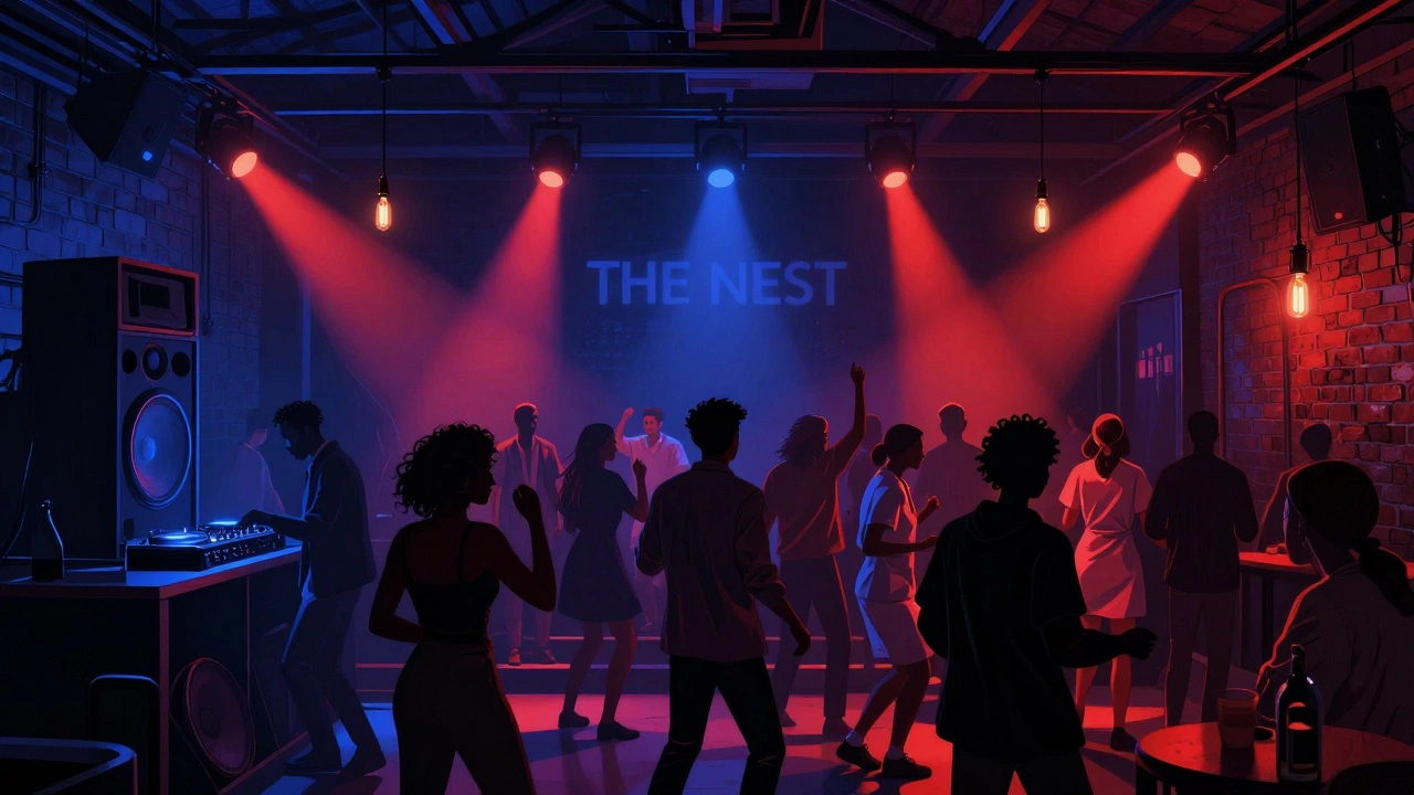 A diverse crowd dancing in a warehouse club with deep colored lights and exposed brick walls, no barriers or VIP areas.