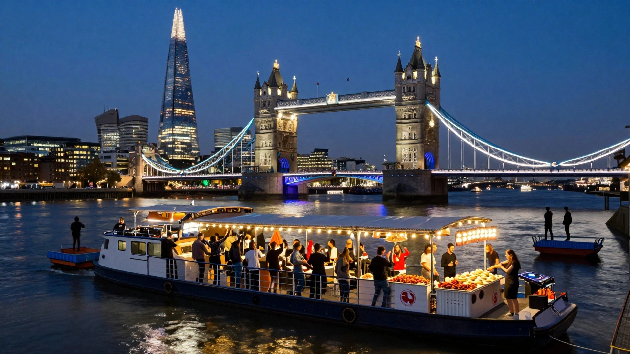 A floating party on the Thames at night, with people dancing on a riverboat under city lights.
