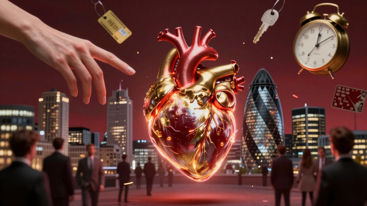 A glowing heart hovers over London, surrounded by symbols of desire, validation, and intimacy.