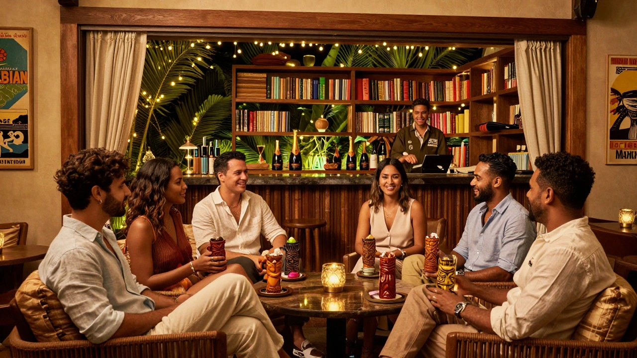 A luxurious Polynesian-themed VIP lounge with string lights, tiki mugs, and guests enjoying quiet conversation in elegant attire.