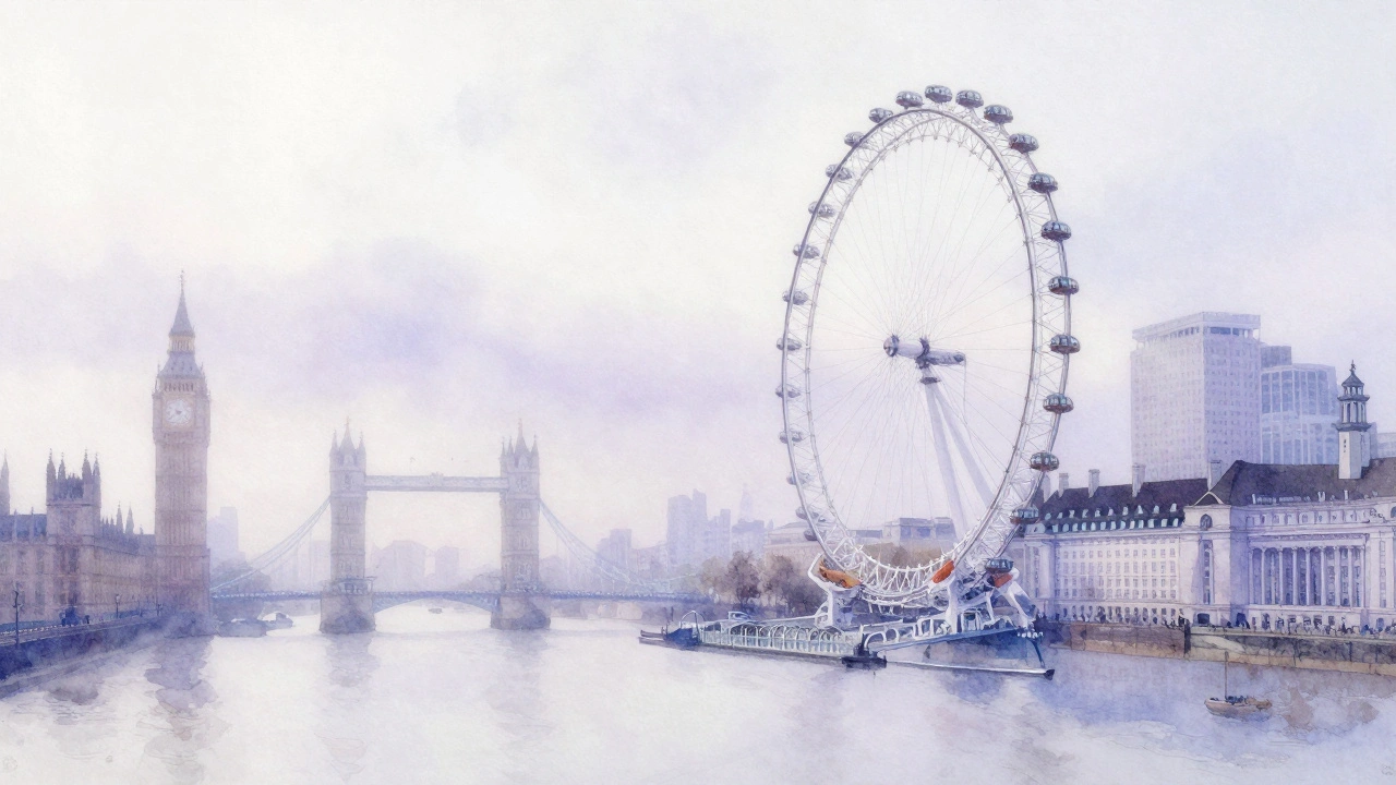 A misty watercolor view of the London Eye and London landmarks blurred in soft morning fog.