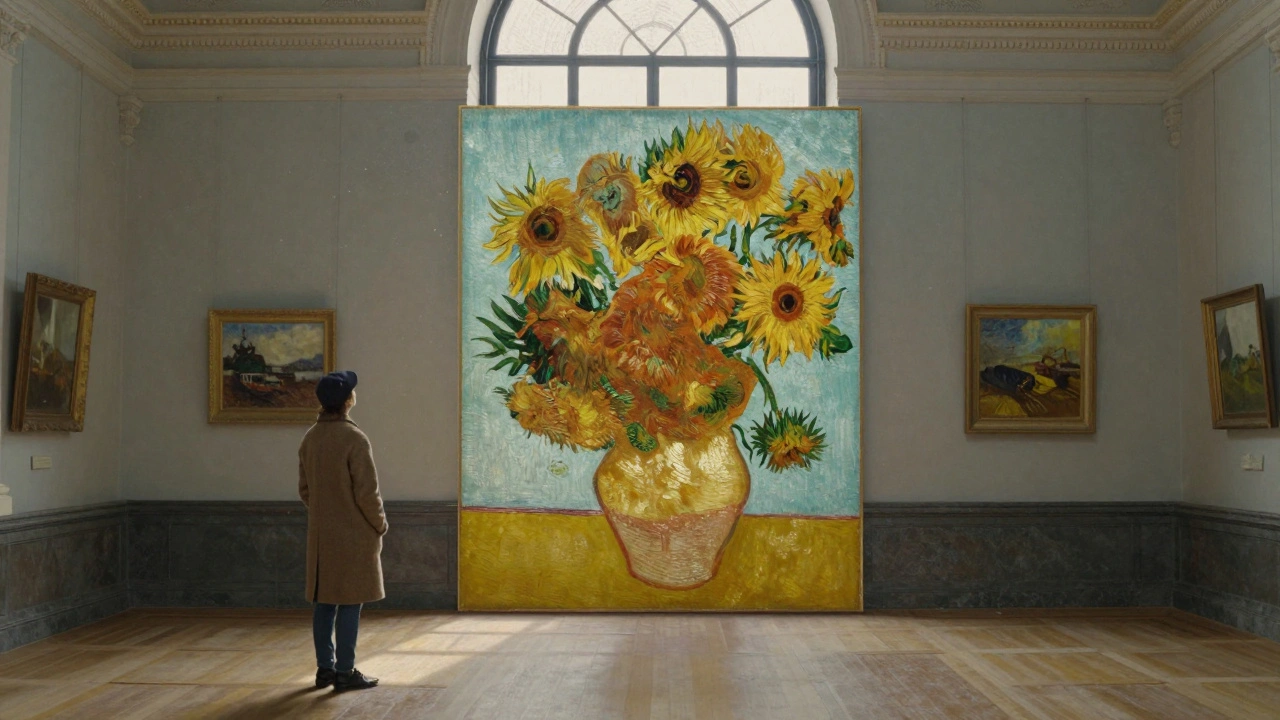 A solitary figure standing in awe before Van Gogh's Sunflowers in the National Gallery.