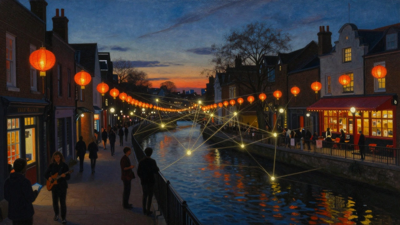 A surreal map of London’s late-night bars glowing like lanterns along alleyways as dawn approaches.