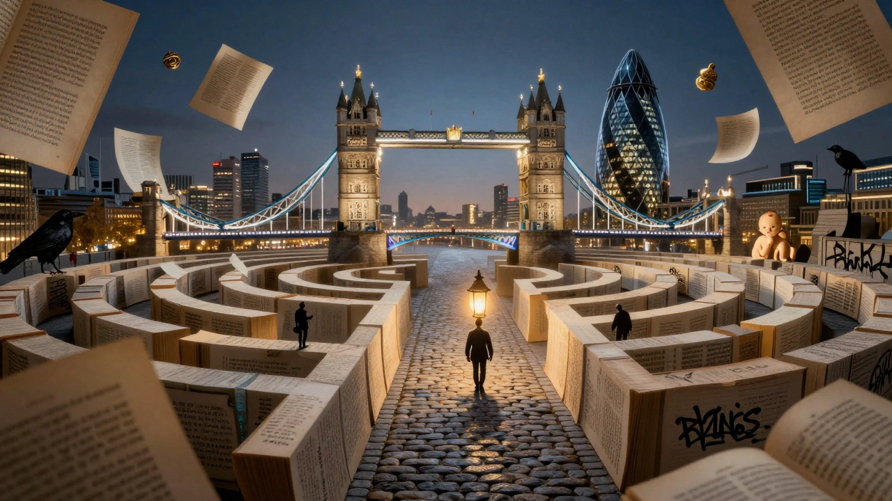 A surreal maze of floating book pages forms London’s landmarks, guided by a lantern-lit figure.