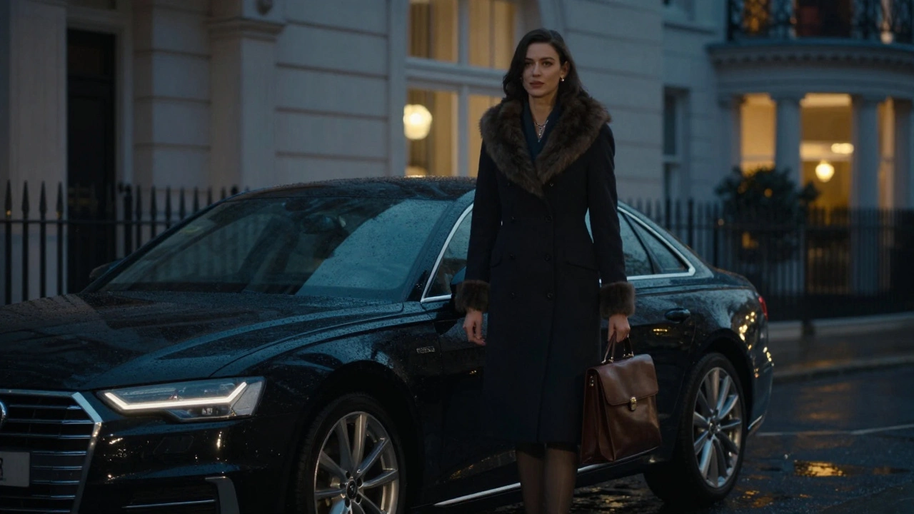 A tall woman in a coat with fur trim steps out of a black Audi outside a luxury London apartment building at night.