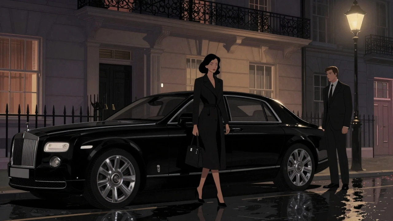 A woman in a coat steps from a luxury car outside a discreet London townhouse at night.