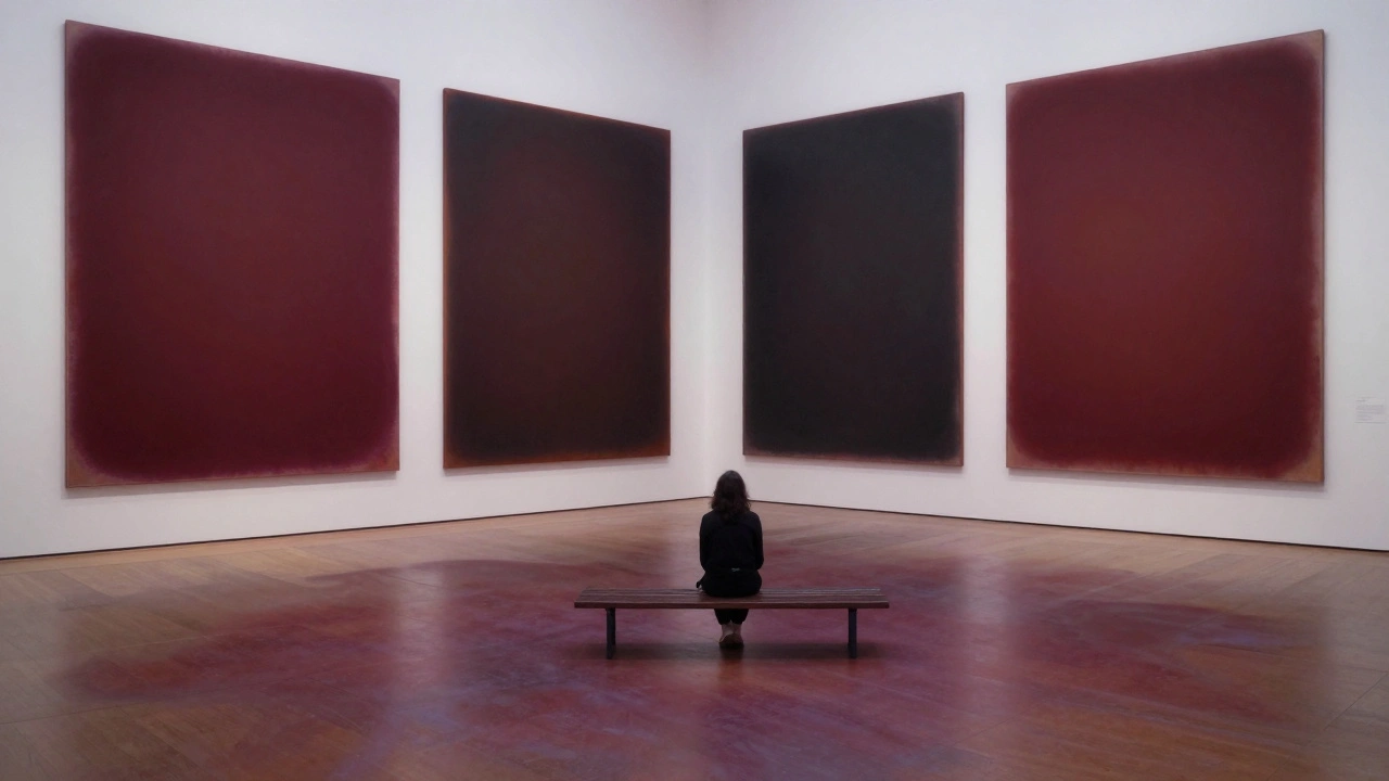 Abstract colors from Rothko’s paintings blending into infinite space around a floating bench.