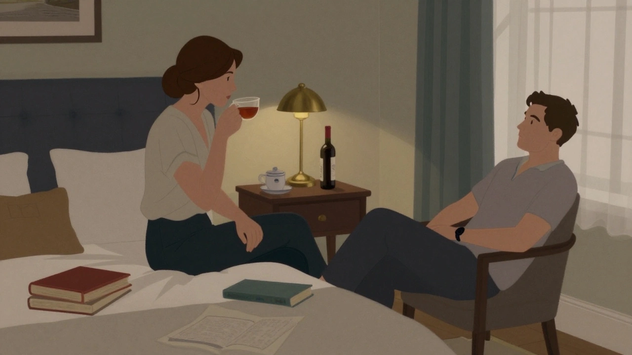 An intimate, respectful moment between two people in a boutique hotel room, talking quietly over tea.