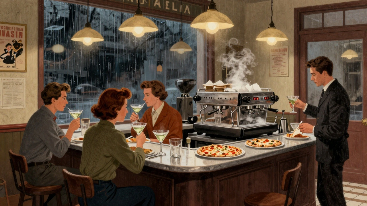 Bar Italia in Soho at 2 a.m., filled with people enjoying espresso and pizza under warm, intimate lighting.