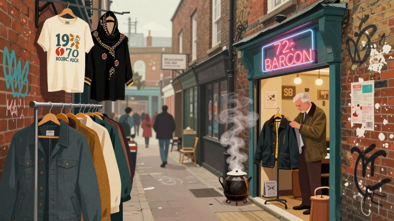 Brick Lane Sunday market with vintage clothes and a tailor stitching a jacket amid chai steam.