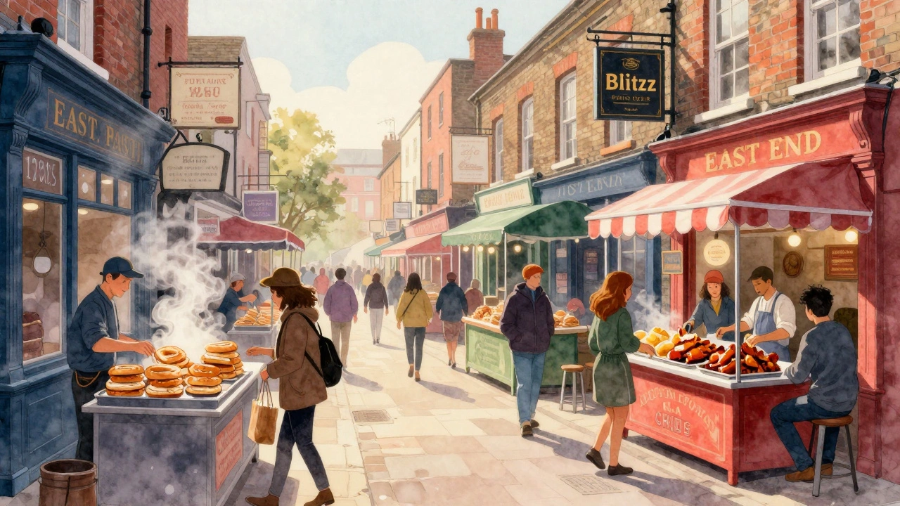 Colorful food stalls in Brick Lane at dawn, with steam rising from bagels and jerk chicken.
