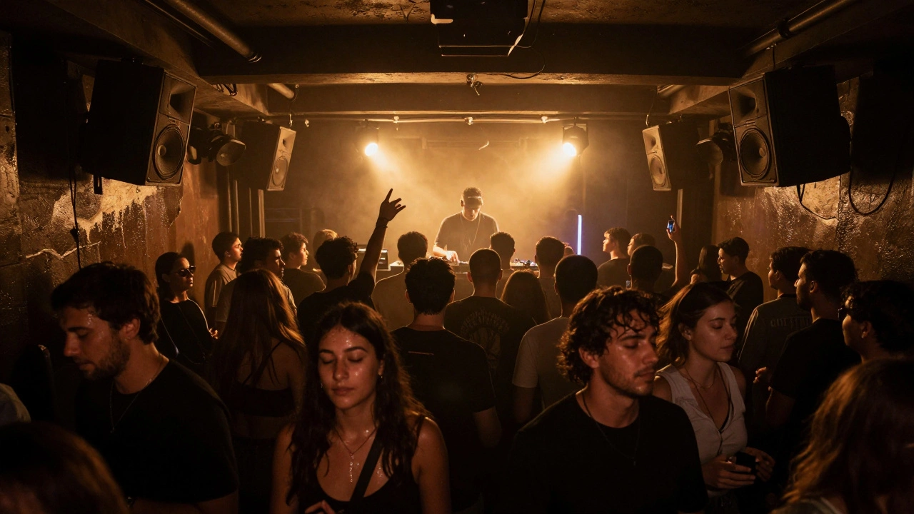 Crowd immersed in music inside XOYO, DJ at floor level, low amber lighting, no phones, pure sonic connection.