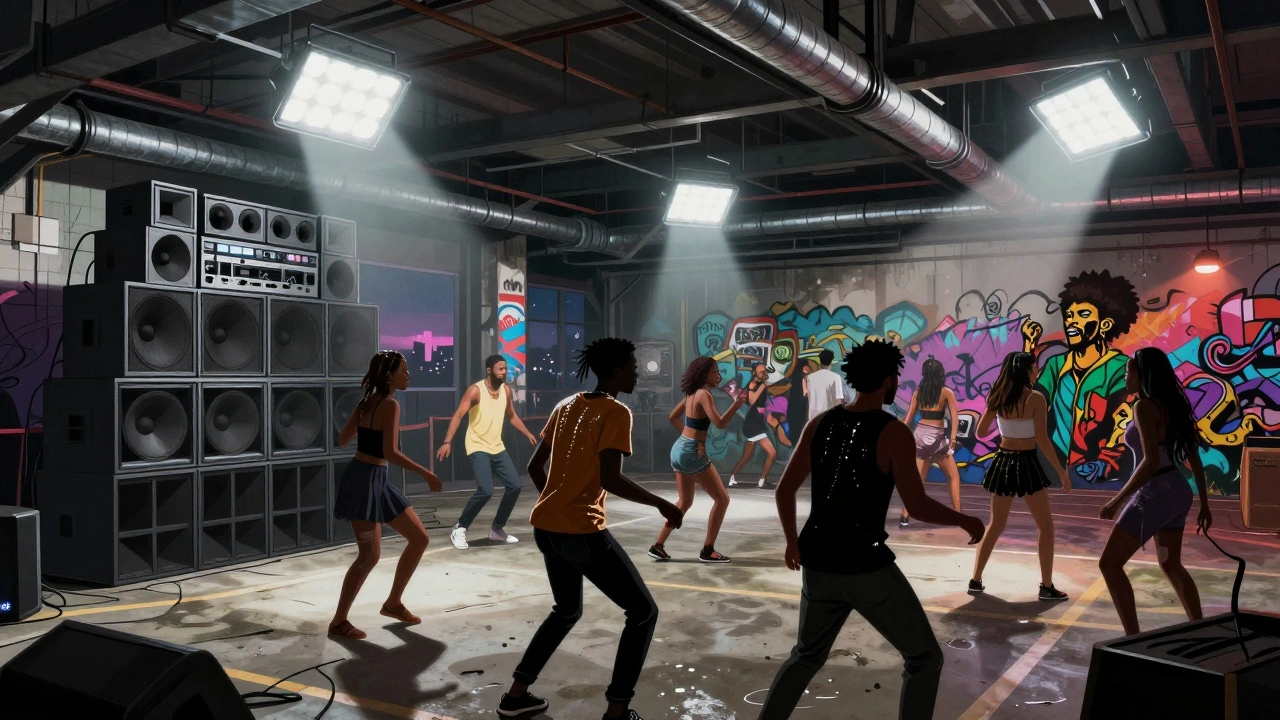Dancers move energetically inside BUCKS club in Peckham, industrial lights and graffiti walls surrounding them.