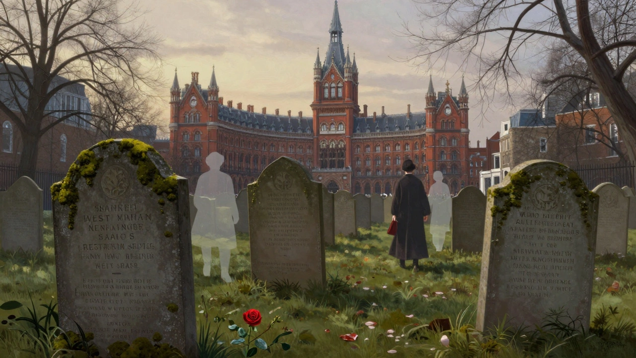 Dawn in St. Pancras Old Churchyard with historic gravestones and faint silhouettes of past residents.