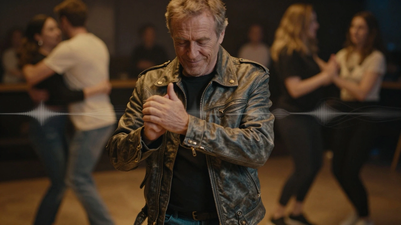 Elderly man dancing alone in dim nightclub light, smiling, surrounded by blurred figures lost in music.